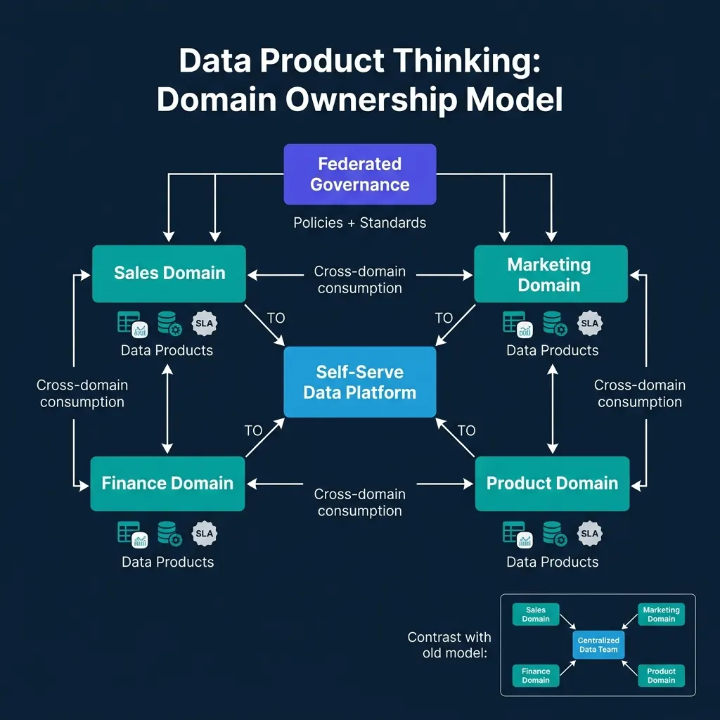 Data product thinking domain ownership model showing federated governance at top providing policies and standards to four domain teams (Sales, Marketing, Finance, Product), each publishing data products with SLA badges, consuming the self-serve data platform for capabilities, and sharing data products cross-domain